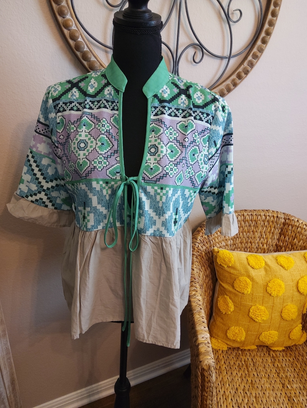 Cezele Green & Cream Boho Tie-Front Tunic